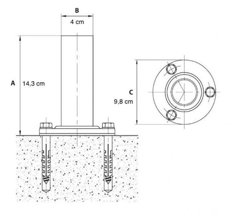 Verankeringsset voor RVS zwembadtrap Ø43 mm (2 stuks) tekening