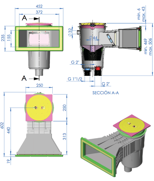 Astral ABS 17,5 liter skimmer brede mond - wit maattekening