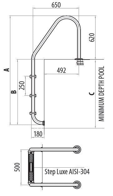 Astral RVS-304 standaard zwembadtrap - 3 treden tekening