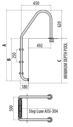 Astral RVS-304 standaard zwembadtrap - 3 treden tekening