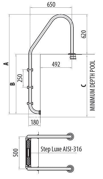 Astral RVS-316 standaard zwembadtrap - 3 treden tekening