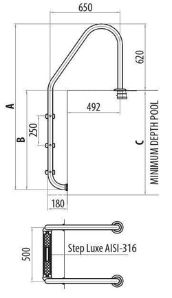 Astral RVS-316 standaard zwembadtrap - 3 treden tekening