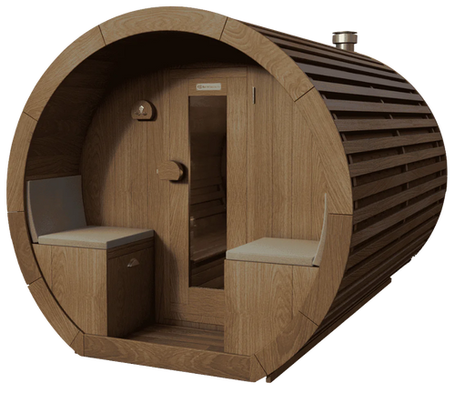 Niksen gemodificeerd Ayous barrel sauna met voorportaal 300 cm