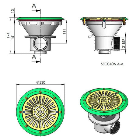 Astral ABS bodemput Ø230 mm - wit maattekening