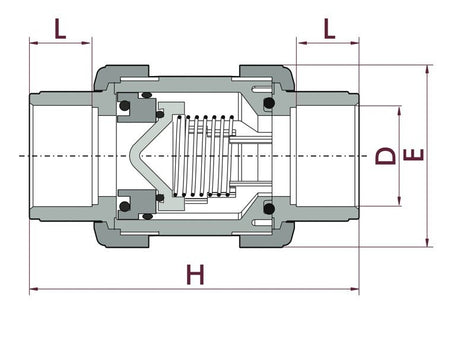 PVC terugslagklep met veer 50 mm (lijmverbinding) tekening