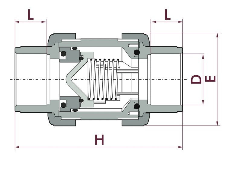 PVC terugslagklep met veer 63 mm (lijmverbinding) - tekening