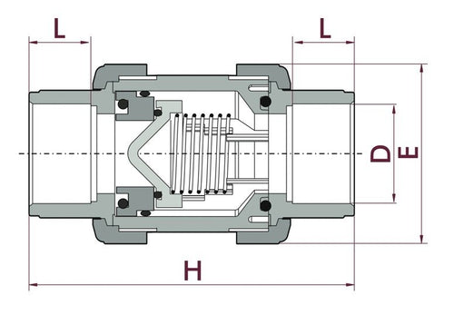 PVC terugslagklep met veer 63 mm (lijmverbinding) - tekening